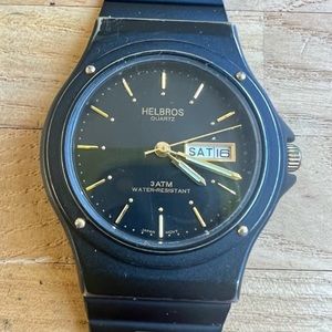 Helbros mens black dial black watch NEW BATTERY